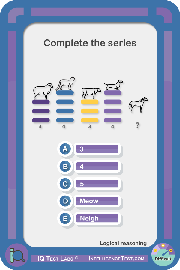 What comes next in the following series? Lamb 3, Cat 4, Cow 3, Dog 4, Horse ?
