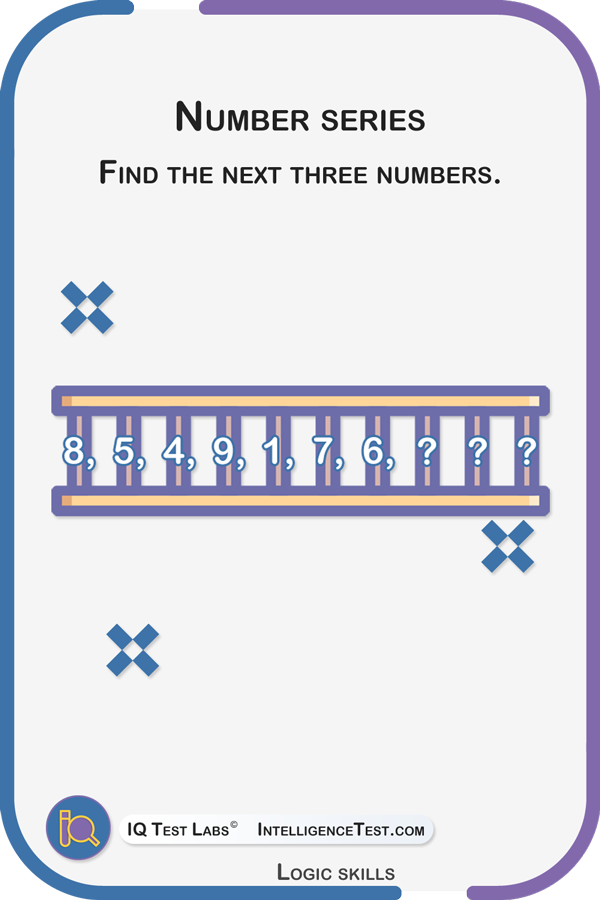 Find the next 3 numbers in the following series: 8&nbsp;5&nbsp;4&nbsp;9&nbsp;1&nbsp;7&nbsp;6&nbsp;