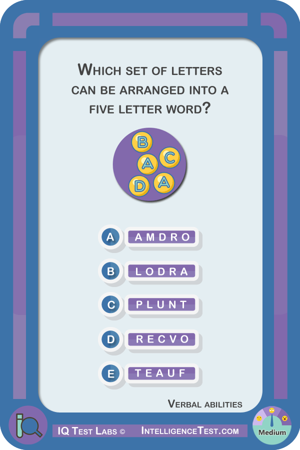 Which one of the sets of letters below can be arranged into a five letter English word?