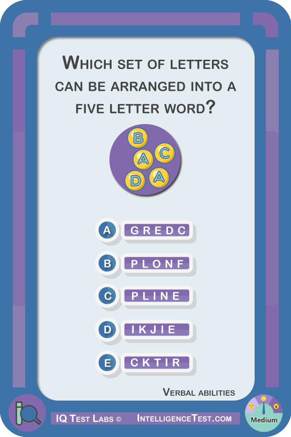 Which one of the sets of letters below can be arranged into a five letter English word?