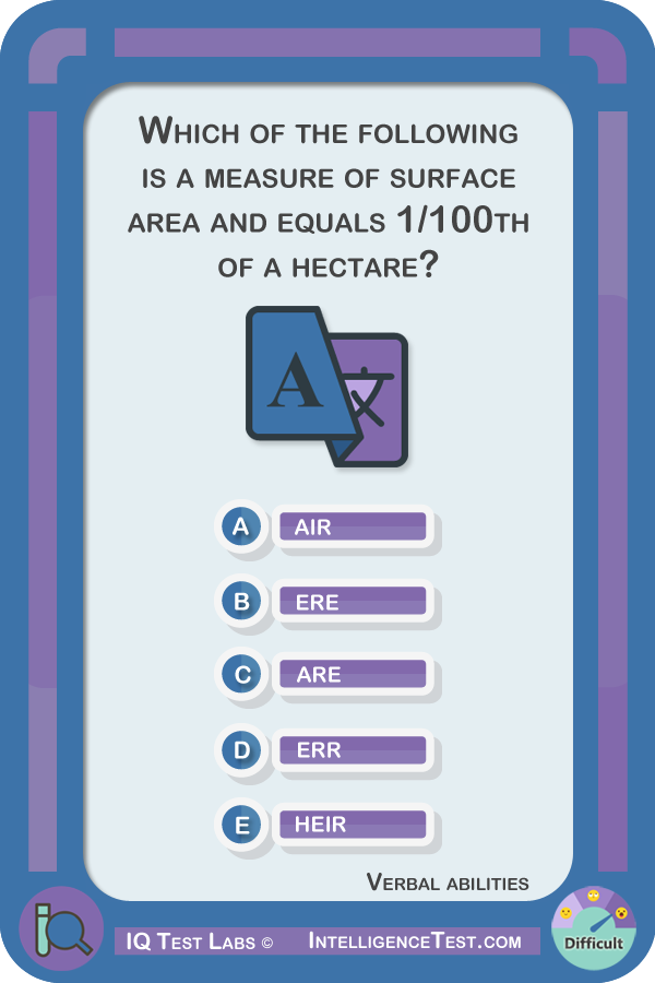 Which of the following words is a measure of surface area and equals 1/100th of a hectare? Air, ere, are, err, heir.
