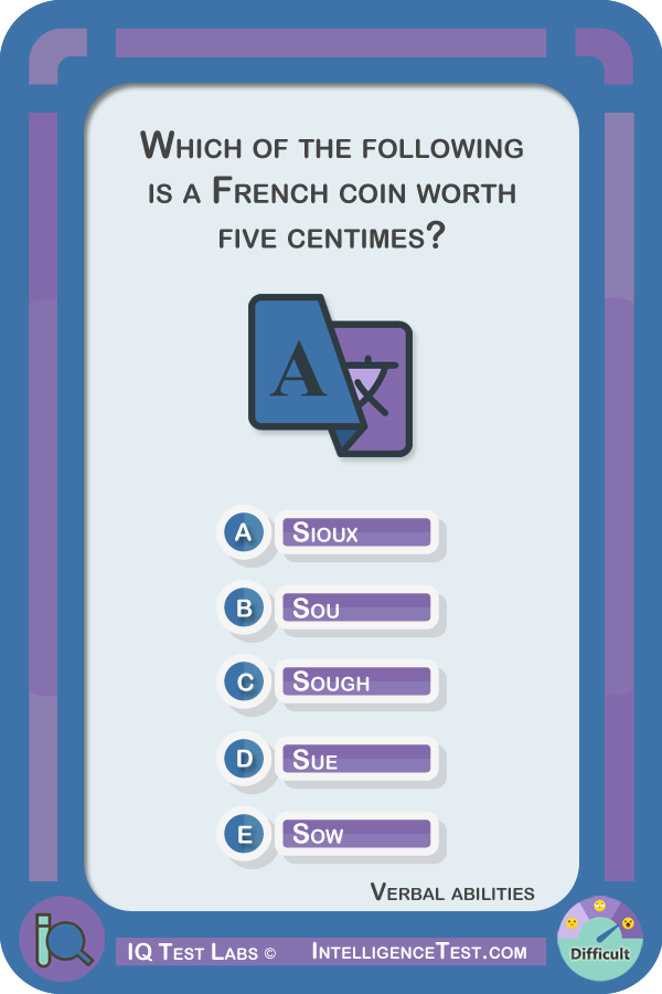 Which of the following words is a French coin worth five centimes? Sioux, Sou, Sough, Sue or Sow?