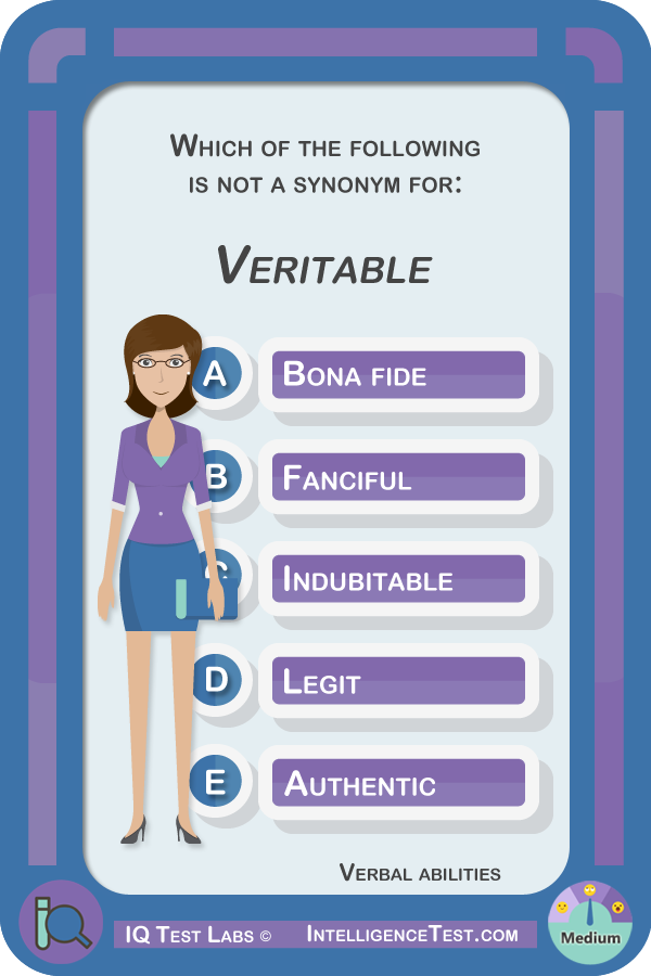 Which of the following is not a synonym for veritable? Bona fide, fanciful, indubitable, legit, authentic.